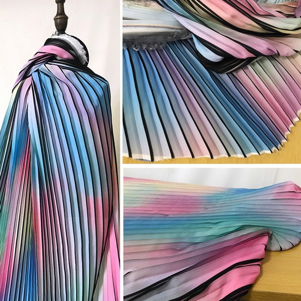 Ombre Stripe Pleated Chiffon Fabric Wrinkle Crumple Accordion Girl Dress Fabric Sew for Pleated-skirt,Craft By Yard