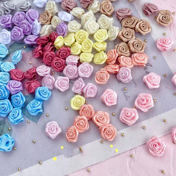 10mm Mini Fait à la main Satin Rose Ruban Rosettes Tissu Fleur Appliques Pour Décoration de Mariage Artisanat Couture Accessoires
