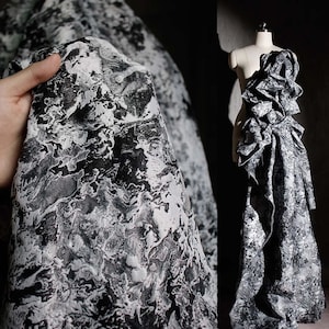 Blooming-Black/White Jacquard Brocaded Fabric,Floral Embossment Fabric,3D Irregular Fabrics,Fold Fabric,Designer Fabric For Dress,Upholstery