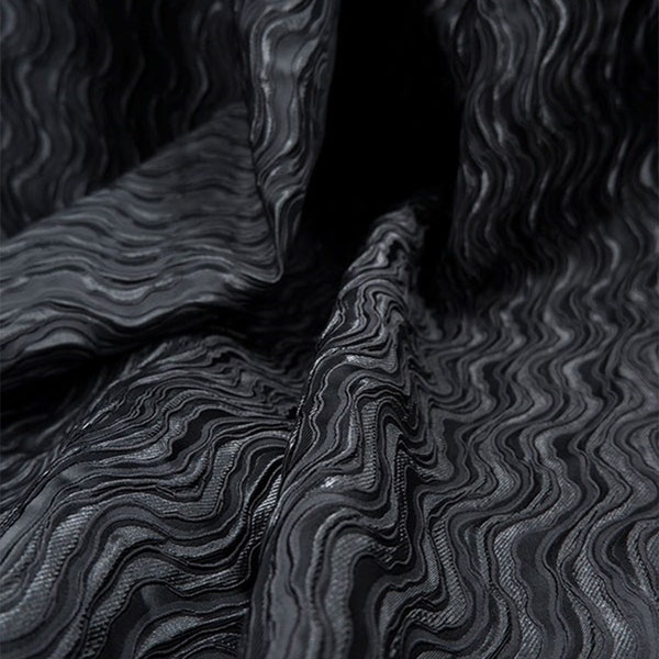 Chinese Traditional 3D Ocean Waves Balck Jacquard Brocade Fabric, Designer Fabric For Dresses, Skirts, Upholstery, Winter Coat,Sewing Fabric