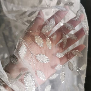 Shinny Illusion Leaf Embroidered Lace Fabric White Glitter Leaf Branch Tulle Fabric Wedding Dress Fabric Dress Veil Bridal Lace Fabric