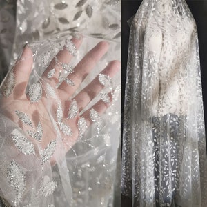 Shinny Illusion Leaf Embroidered Lace Fabric White Glitter Leaf Branch Tulle Fabric Wedding Dress Fabric Dress Veil Bridal Lace Fabric