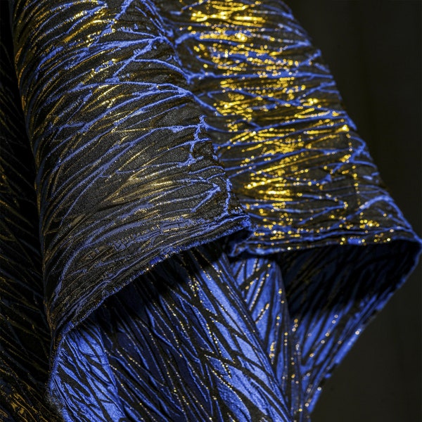 Blue Golden Jacquard Brocade Fabric, Designer Fabric For Dresses, Skirts, Upholstery, Sewing Fabric