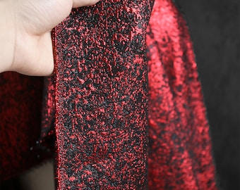 Luxury Vintage Red Black Jacquard Brocaded Fabrics, Shimmery Dust Coat Fabric, Two-sided Design Fabirc,3D Irregular Fabrics, Fold Fabric