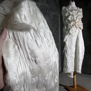 White Handmade Jacquard Brocaded Fabrics, Embossed Floral , 3D Irregular Tassels Fabrics, Fold fabric, Dust Coat Fabric,Designer Fabric