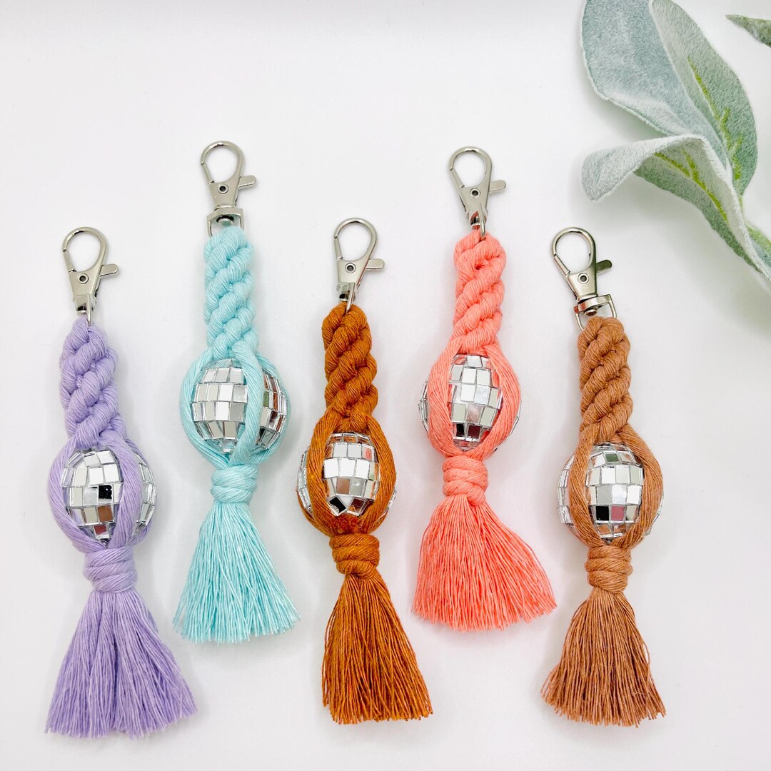 Macrame Disco Ball Keychain | Handmade Recycled Cotton Groovy Charm - Etsy