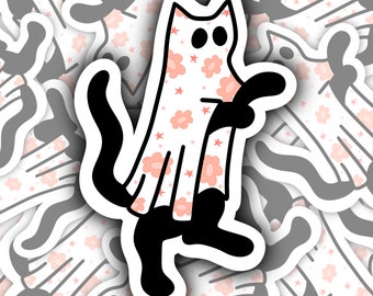 Spooky Cat Ghost Sticker, Floral Halloween Vinyl Decal