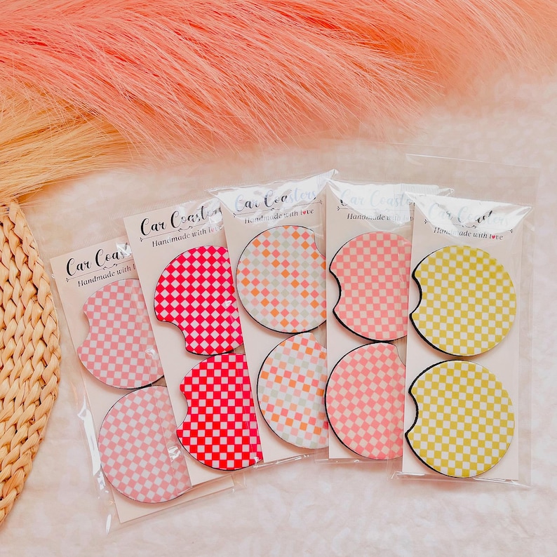 Checker Car Coasters Set of 2 Car Floral Coaster New Car Gift Cute Car