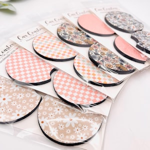Floral Car Coasters (Set of 2) | Retro Daisy Smile Checkerboard Neoprene Cup Holder