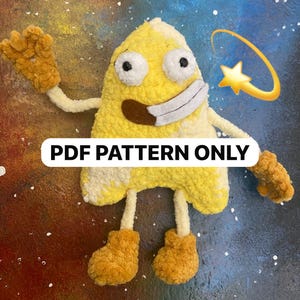 May include: A crochet pattern for a yellow and white plush toy shaped like a star with a smiling face and big eyes. The pattern is for a PDF download only.