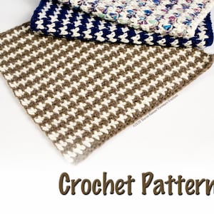 May include: Crochet pattern for a brown and white houndstooth dishcloth. The pattern is shown in a stack of three dishcloths, with the brown and white dishcloth on top.