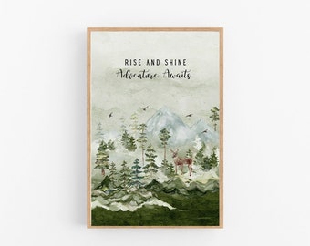 Rise And Shine Adventure Awaits Misty Mountains Forest Deer Inspiring Kids Nursery Wall Art Childrens Bedroom Prints Child Print boys boy