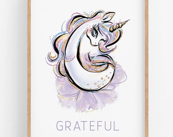 Letter G, Grateful, Gratitude, Unicorn, Digital Printable Download, Kids Bedroom Print, Nursery Wall Prints, Wall Art Poster Mindfulness