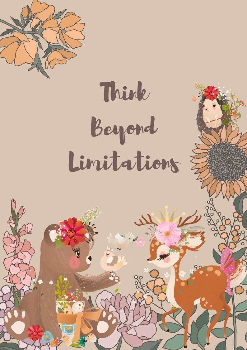 Inspiring Kids Quote Prints, Inspirational Print, Think Beyond Limitations, Nursery Wall Decor, Woodland Animals Poster, Digital Printable image 2