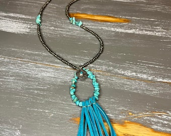 Navajo and Turquoise Inspired Long Necklace with Fringe Pendant