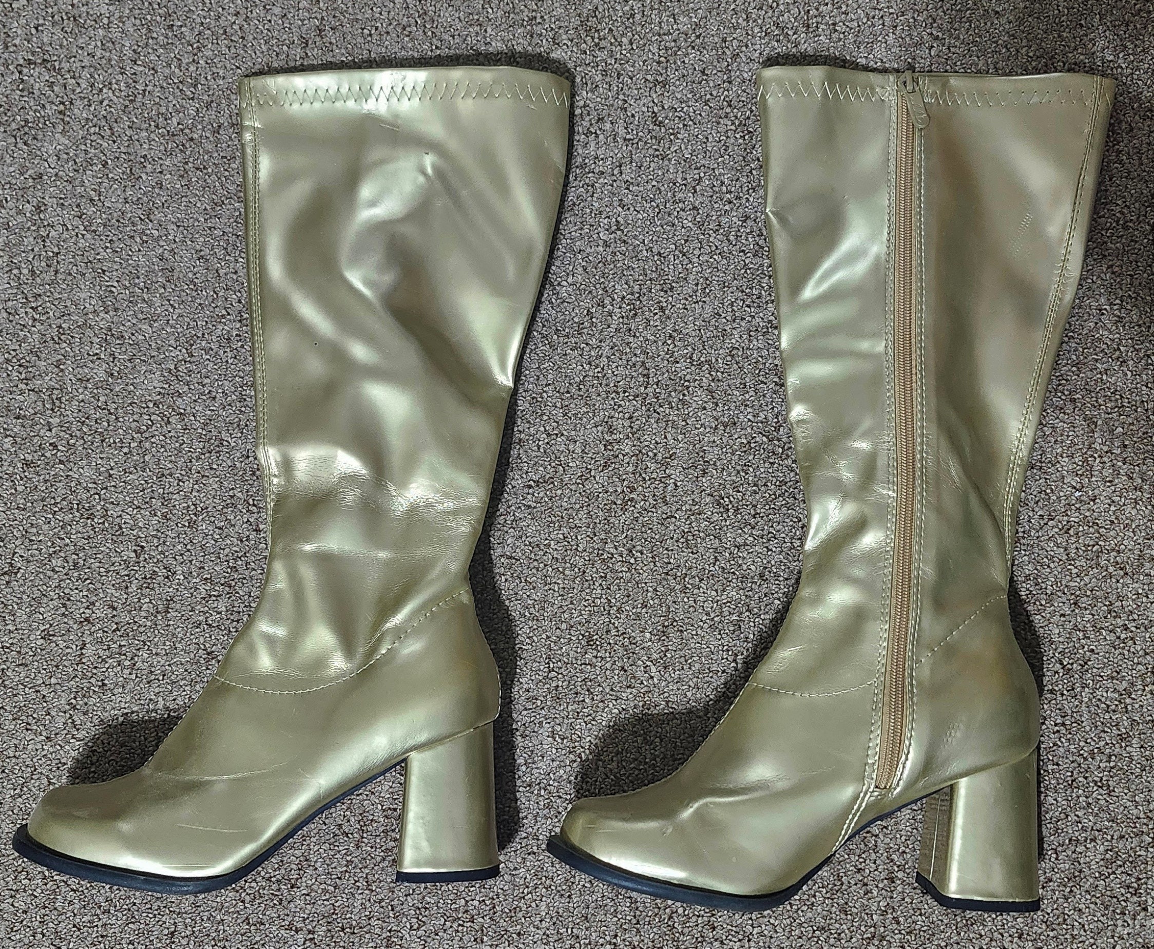 50S 60s Vtg Gold Metallic Foiled Leather Knee High Gogo Mod Boots Kitten  High Heel Rock N Roll Glam Pin up Women's US 7.5 8 EU 38 38.5 