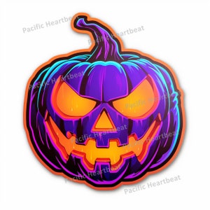 May include: A Halloween-themed sticker featuring a stylized jack-o'-lantern. The pumpkin is a vibrant purple with glowing orange eyes and mouth. It has an orange outline and a black stem. The design has a neon, glowing effect.
