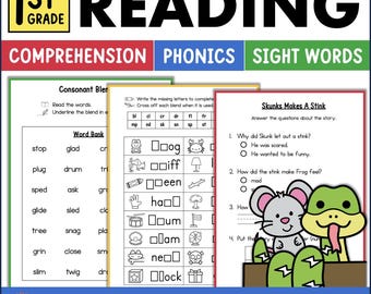May include: A printable worksheet for first grade students featuring a phonics activity with a picture of a dog, a frog, a lamp, a hand, a pencil, a tree, a crab, a gift, a fish, and a lamp. The worksheet also includes a comprehension activity with a story about a skunk and a frog. The worksheet is titled "Skunks Makes A Stink".
