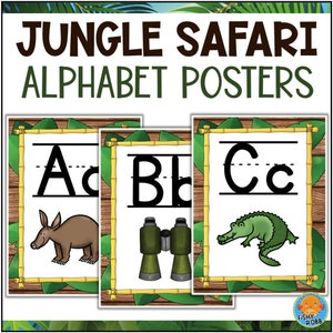Imprimible Jungle Safari Theme ABC Alfabeto Posters Letras A a Z Animales salvajes Decoración del aula