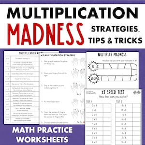May include: A set of black and white printable worksheets for teaching multiplication strategies. The worksheets feature a variety of activities, including a multiplication madness game, a speed test, and a multiplication strategy guide. The worksheets are designed to help students learn and practice multiplication facts.