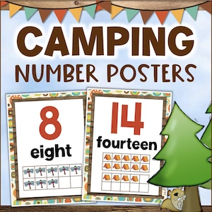 Pósters imprimibles con temática de CAMPING, números del 1 al 20, con marco de decenas, para decorar el aula.