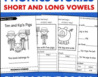 Phonics Readers Short and Long Vowels - Learn to Read Interactive Books - 1st Grade Homeschool Classroom Printables