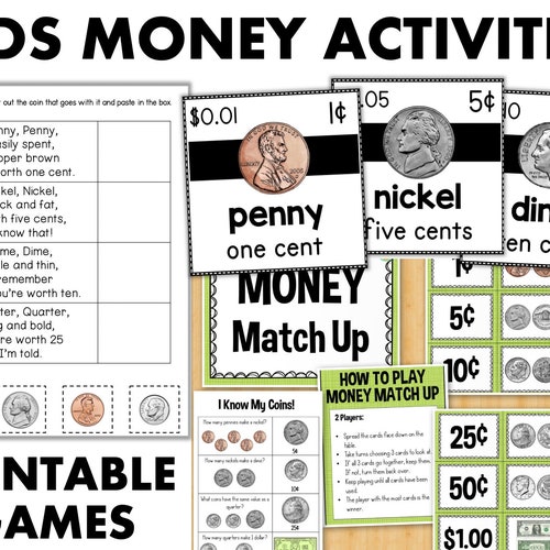 printable money games activities worksheets for kids learn to etsy new zealand