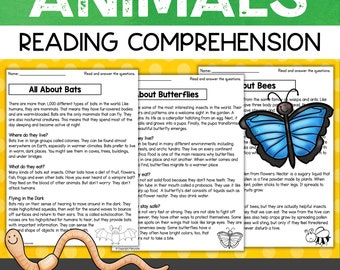 ANIMALS Reading Comprehension Worksheets Bats Bees Butterflies Earthworms Fish Homeschool Printables 2nd - 3rd Grade