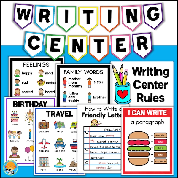 WRITING CENTER Posters Themed Word Lists Anchor Charts Banner for Classroom Homeschool