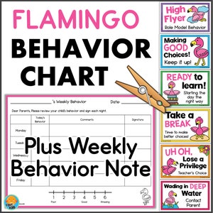 May include: A printable flamingo-themed behaviour chart for children. The chart includes a weekly behaviour log, a space for comments, and a signature line. It also includes a rating scale from 1 to 6, with 1 being poor and 6 being amazing. The chart is decorated with pink flamingos and the words "Plus Weekly Behaviour Note".