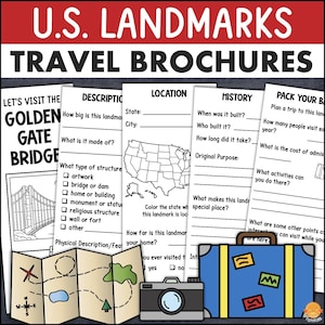 Könnte beinhalten: Eine Sammlung von Reisebroschüren über US-amerikanische Wahrzeichen mit auszufüllenden Abschnitten für Beschreibungen, Standort und Geschichte. Enthält eine Karte, eine Kamera und einen blauen Koffer mit Reiseaufklebern. Der Text lautet "U.S. Landmarks Travel Brochures."