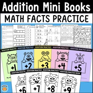 Könnte beinhalten: Eine Sammlung von "Addition Mini Books" zur Übung von Mathe-Fakten. Jedes Buchcover zeigt ein freundliches Monster mit einer Zahl von +1 bis +9. Die Bücher enthalten Additionsaufgaben und -aktivitäten.