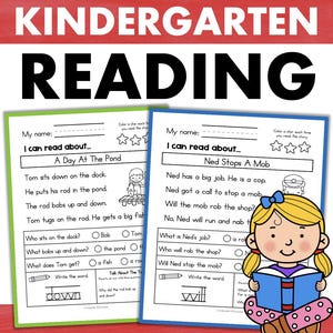 May include: Two black and white printable worksheets for kindergarten students. The first worksheet features a story about a boy named Tom fishing at a pond. The second worksheet features a story about a police officer named Ned who stops a mob. Both worksheets have multiple choice questions and a fill-in-the-blank section.
