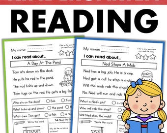 May include: Two black and white printable worksheets for kindergarten students. The first worksheet features a story about a boy named Tom fishing at a pond. The second worksheet features a story about a police officer named Ned who stops a mob. Both worksheets have multiple choice questions and a fill-in-the-blank section.