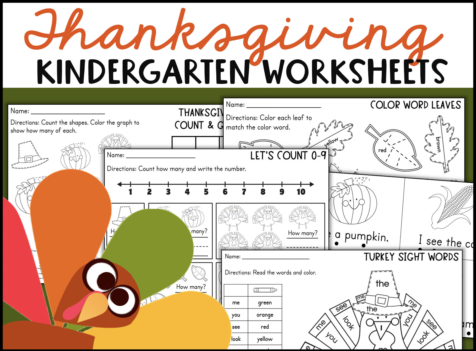 Kindergarten THANKSGIVING Reading Math Activities Printable ...