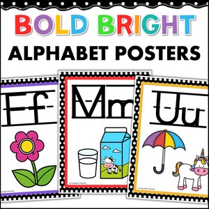Carteles del alfabeto ABC imprimibles, letras de la A a la Z, brillos en lunares, decoración del aula