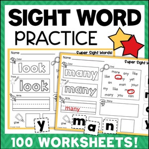 Kindergarten 1st Grade Sight Words 100 Practice Worksheets High Frequency Words Learn to Read Homeschool Classroom Printables