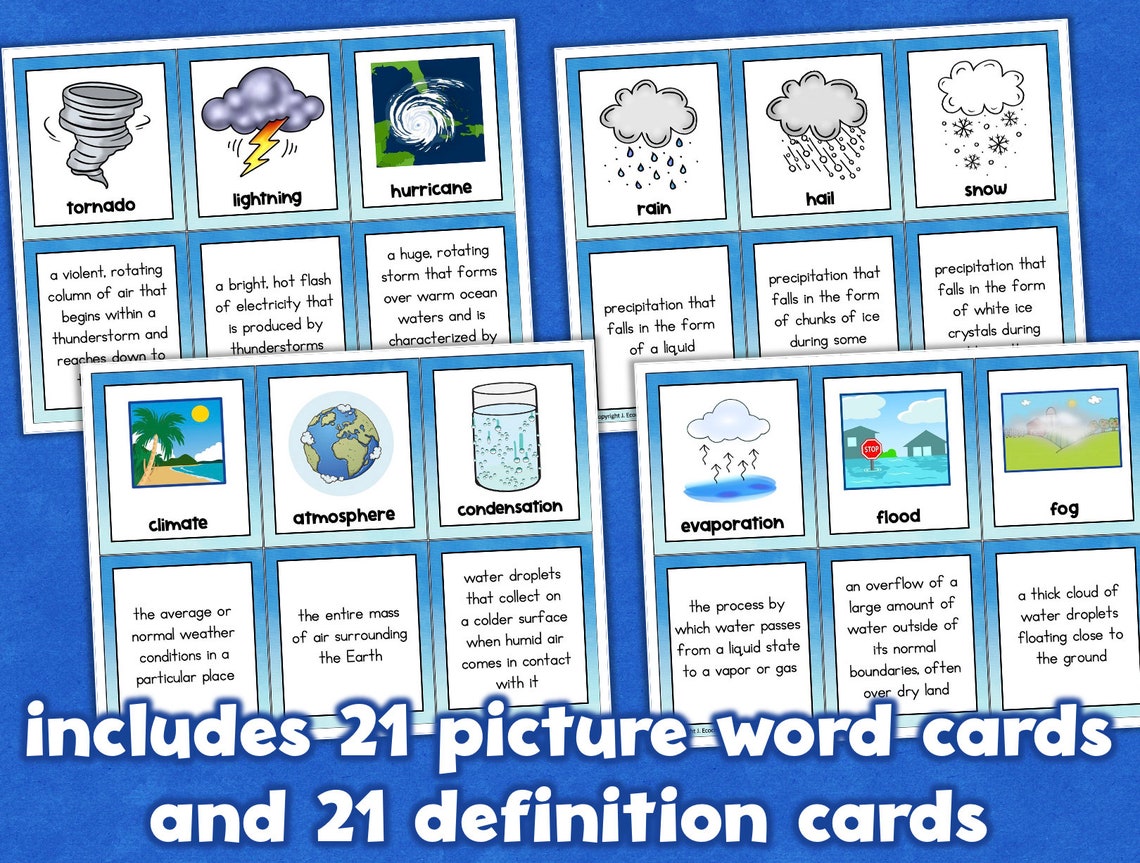 Weather and climate vocabulary cards with pictures etsy