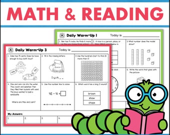 May include: A colorful worksheet for second grade students with a daily warm-up section for math and reading. The worksheet features a cartoon worm reading a book and includes a hundred chart, number line, and word problems.