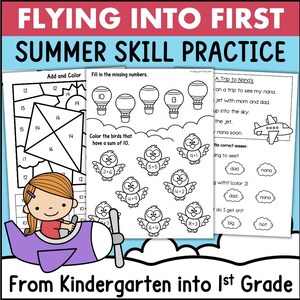 May include: Educational worksheets for summer skill practice, featuring math problems, coloring activities, and reading comprehension exercises. The title reads "FLYING INTO FIRST SUMMER SKILL PRACTICE" and is designed for students transitioning from kindergarten to first grade.