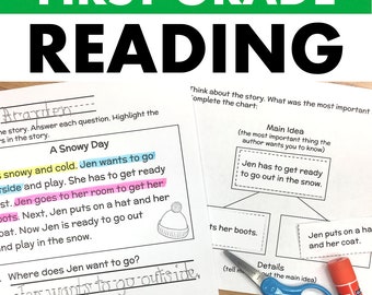 Peut inclure: Une feuille de travail pour la compréhension de la lecture en première année. La feuille de travail présente une histoire sur une fille nommée Jen qui veut aller jouer dehors dans la neige. La feuille de travail comprend un tableau pour aider les élèves à identifier l'idée principale et les détails de l'histoire.