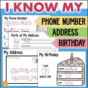 Puede incluir: Una hoja de trabajo imprimible para que los niños practiquen la escritura de su número de teléfono, dirección y cumpleaños. La hoja de trabajo incluye un número de teléfono, una dirección y un cumpleaños con líneas en blanco para que el niño las complete. La hoja de trabajo está diseñada para ayudar a los niños a aprender su información personal.