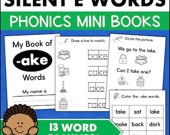 Könnte beinhalten: Ein Satz druckbarer Mini-Phonetikbücher zum Unterrichten von Wörtern mit stummem e. Der Umschlag zeigt ein Comic-Kind, das ein Buch mit dem Text "Silent E Words" und "Phonics Mini Books" liest. Das Buch enthält 13 Wortfamilien und den Text "My Book of -ake Words".