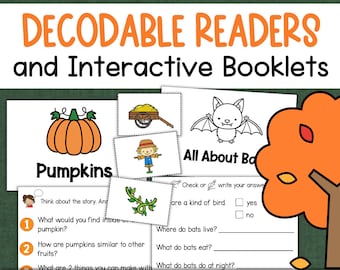 Può includere: Un pacchetto a tema autunnale di lettori decodificabili e libretti interattivi per giovani lettori. L'immagine presenta illustrazioni di zucche, spaventapasseri e pipistrelli, con domande di comprensione. Il testo include "Fall Bundle" e "Comprehension for Young Readers."