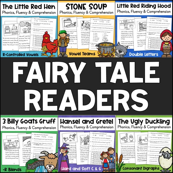 FAIRY TALES Decodable Readers Printable Books & Phonics Skills Worksheets BUNDLE 1st 2nd Grade Reading Homeschool Classroom