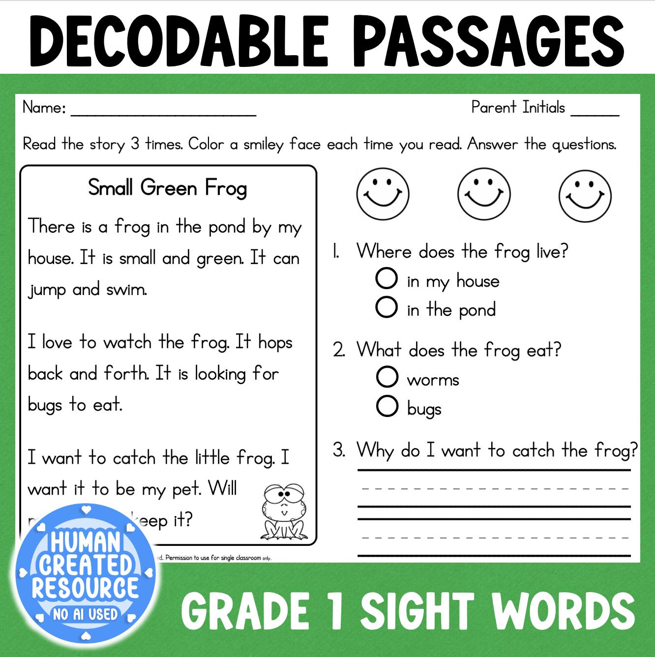 First Grade Reading Comprehension Worksheets Decodable Stories With ...