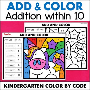 Peut inclure: Une feuille d'activité de coloriage par numéro représentant une licorne avec une crinière et une queue arc-en-ciel. La feuille comprend des problèmes d'addition inférieurs à 10, chaque réponse correspondant à un code couleur. Le code couleur est affiché sur le côté gauche de la feuille.