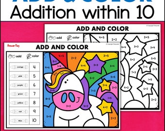 Kindergarten Add and Color By Number Worksheets Numbers to 10 Math Printables Homeschool Classroom