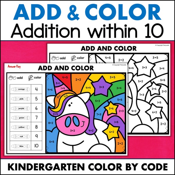 Kindergarten Add and Color By Number Worksheets Numbers to 10 Math Printables Homeschool Classroom