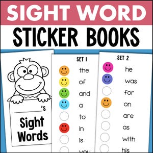 May include: Black and white illustration of a monkey holding a sign that says "Sight Words".  The image is part of a set of printable sticker books for learning sight words.  The words "the", "of", "and", "a", "to", "in", "is", "you", "he", "was", "for", "on", "are", "as", "with", and "his" are listed on the page.